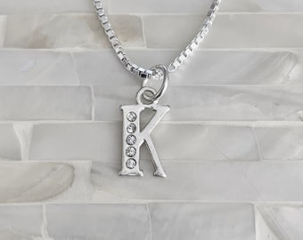 Initial Charm Swarovski Necklace- Initial Letter- Teen Jewelry- Christmas Gift -Bridesmaids- Gift for her- Sterling Silver