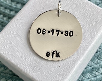 Personalized Name Date Charm-Hand Stamped- Sterling Silver Name Charm- Personalized Custom Family Name and Date Charm (7/8")