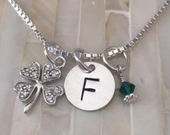 Personalized Four Leaf Clover Necklace- Shamrock- Initial Necklace- Good Luck Gift- Irish Jewelry- Sterling Silver