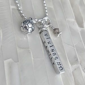 Soccer Necklace- Soccer Player Gift- Personalized with name, team, number- Coach Gift- Soccer Fan Gift-four sided bar