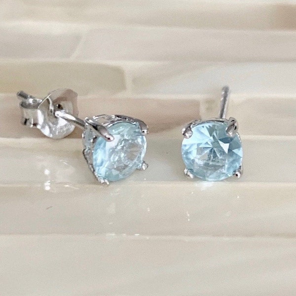 March Birthstone Earrings- Aquamarine- Sterling Silver -March Birthday Gift- Birthstone Stud Earrings- Birthday Present- Christmas Gift