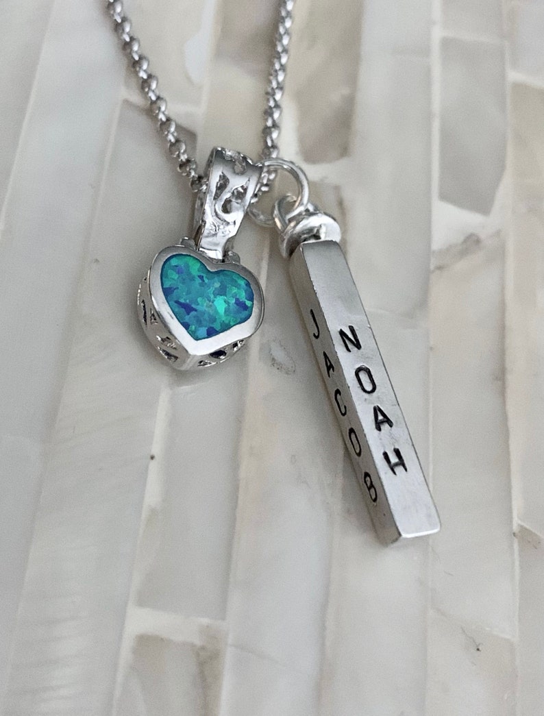 Heart Bar Name Necklace opal Heart Mother/'s day gift Grandma Necklace Mom Necklace Couples Personalized Kids Name Necklace