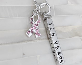 Breast Cancer Personalized Necklace- Pink Awareness Ribbon Charm- Breast Cancer Survivor Gift- Hand Stamped- Sterling Silver