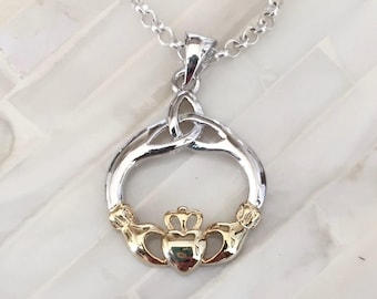 Claddagh Necklace- Gold & Silver Pendant- Sterling Silver- Love- Trust- Friendship Irish Jewelry- Lovers Jewelry- Irish Gift