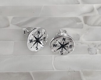 Sterling Silver Compass Stud Earrings – Graduation Gift, Traveler Jewelry
