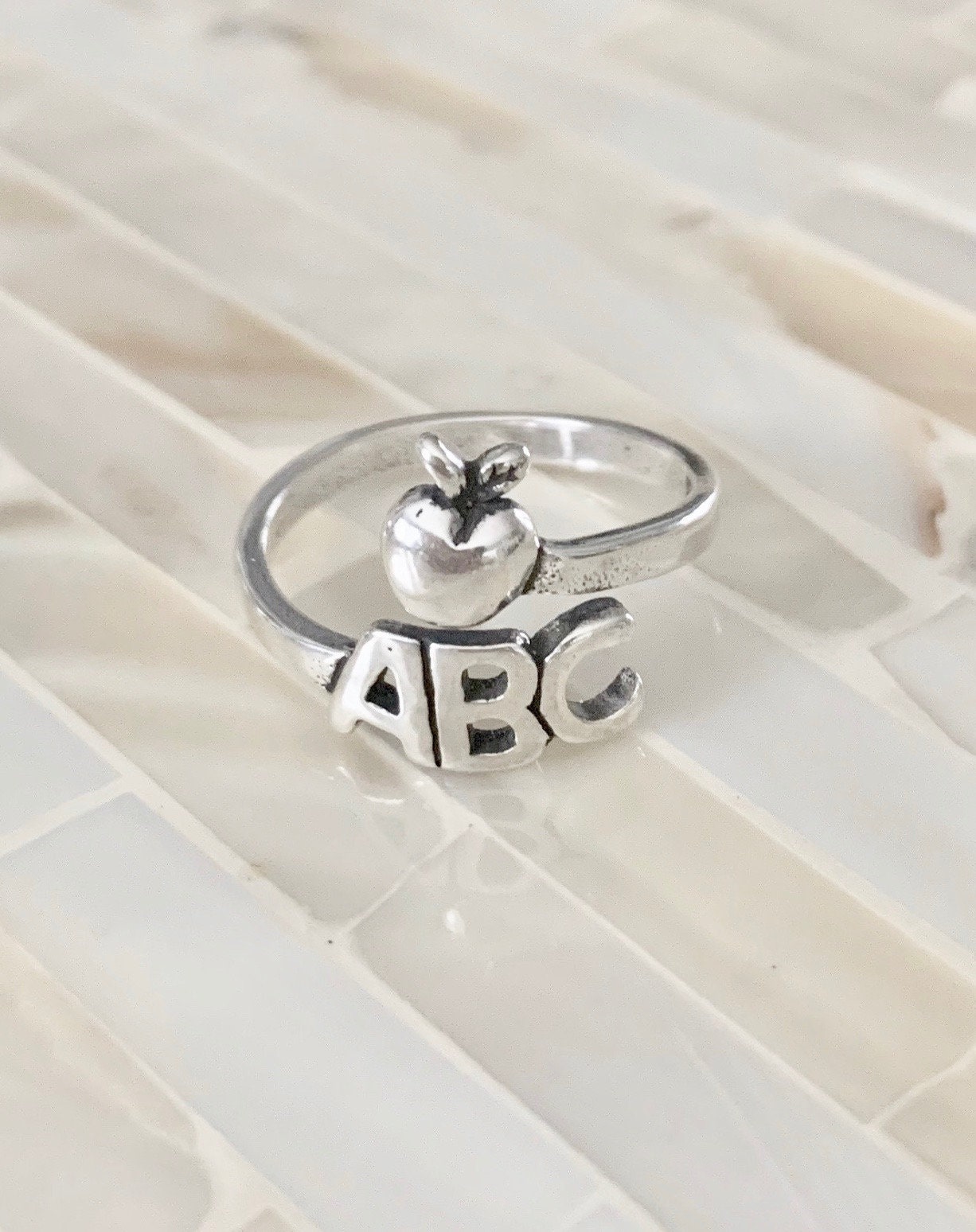 Sterling Silver Teacher Ring – ABC Apple, Adjustable Band - Etsy