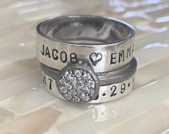 Mothers Stacking Name Ring Set- Kids Name Rings- Anniversary Date Ring- Mom Ring- Anniversary- Mother's Day- Gift- Sterling Silver