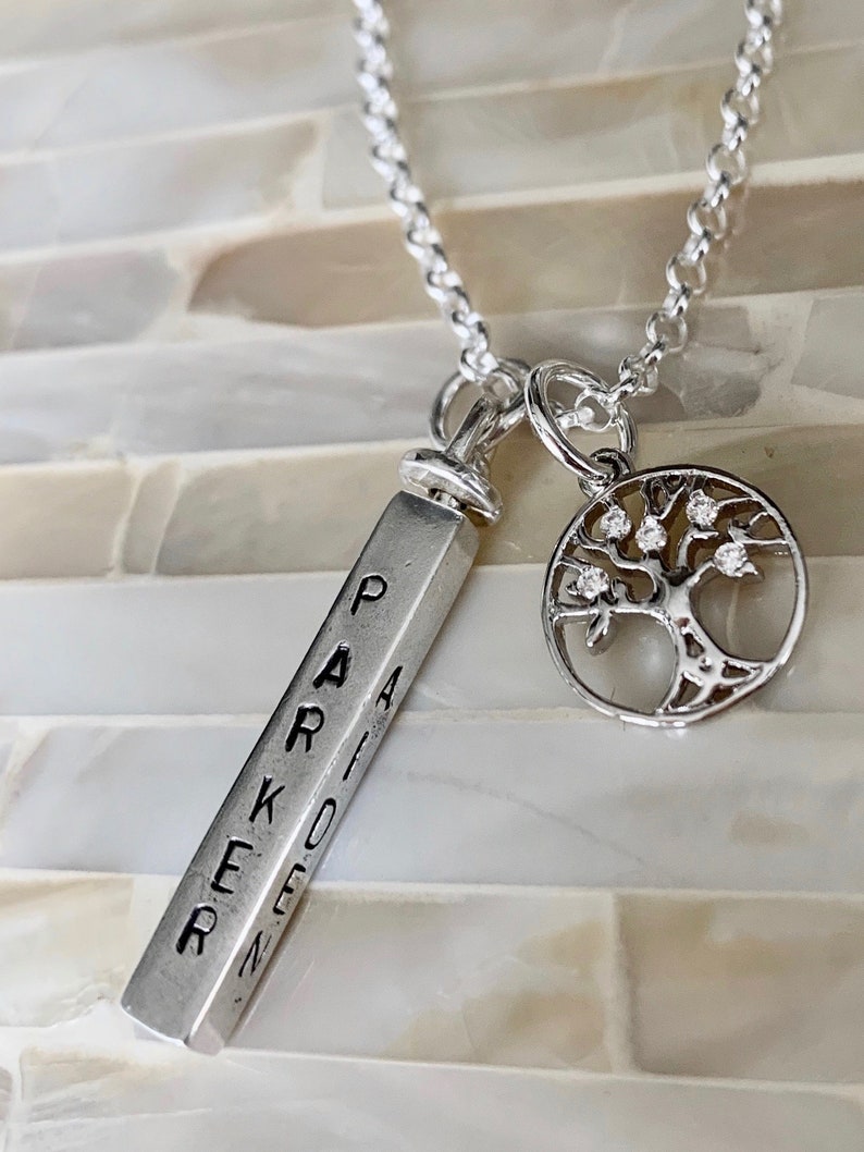 Family Name Bar Necklace Kids Name Necklace Personalized Tree of Life Sterling Silver Grandma Necklace Family Tree Mom Necklace