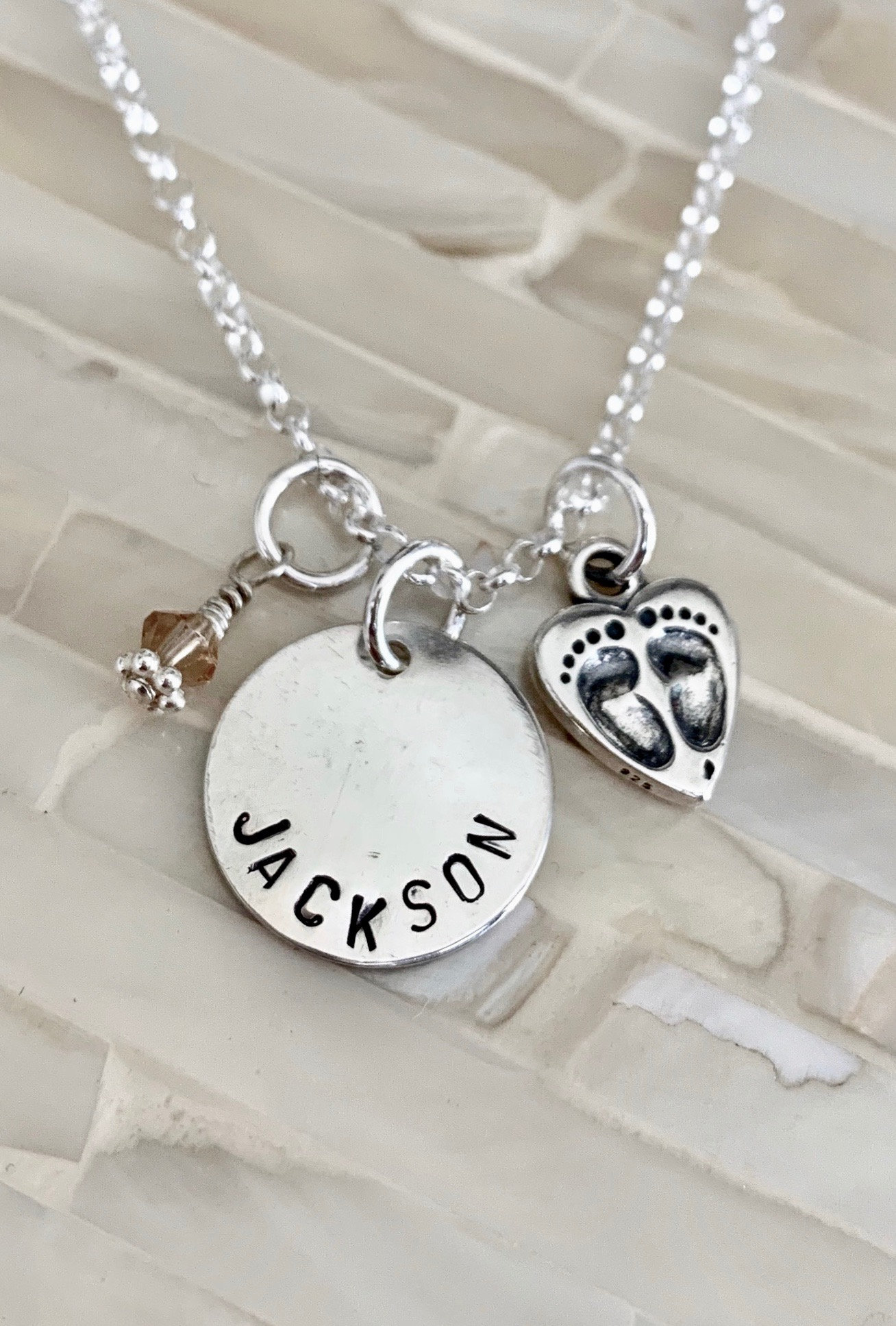 Baby Name Necklace- Birthdate- Baby Feet Charm- New Mom Necklace- Personalized- Push Present- Baby Gift- Sterling Silver- Birthstone