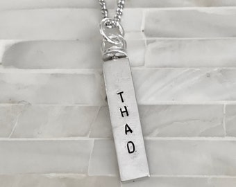 Two Sided Name Bar Necklace- Personalized- Hand Stamped- Date- Sterling silver- Swivel Pendant- Mom of Two, Couples Necklace- Nameplate