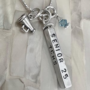 Cheerleader Personalized Bar necklace- Megaphone charm- Sterling silver- Hand stamped
