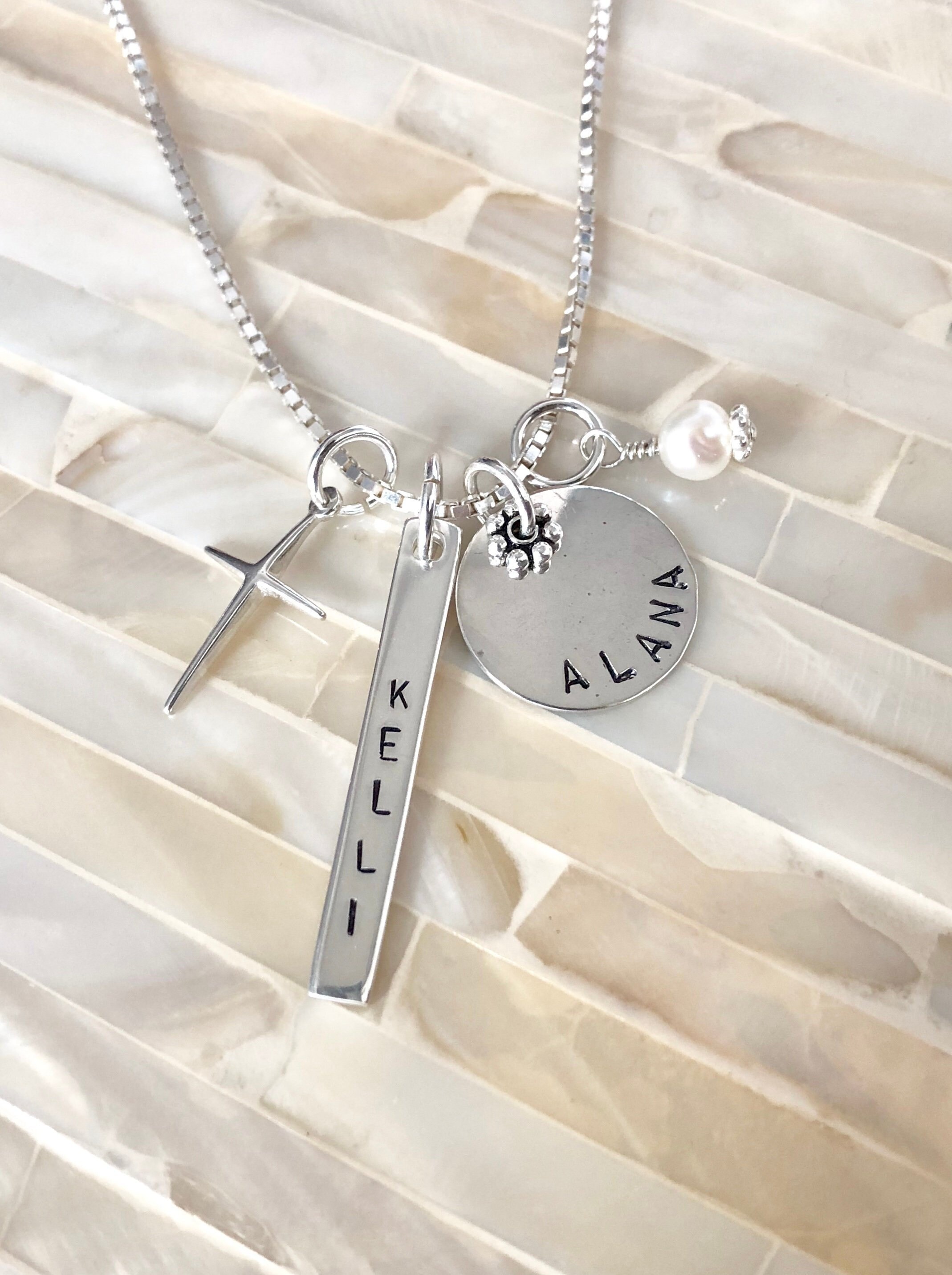 Personalized Cross Necklace Two Name Charms Christian Etsy