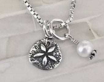 Sterling Silver Sand Dollar Necklace – Beach Wedding Jewelry, Pearl Accent
