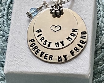 First My Mom Forever My Friend Necklace- Mother Daughter Necklace- Mother of Bride Gift- Mother's Day Gift- Sterling Silver- Hand Stamped