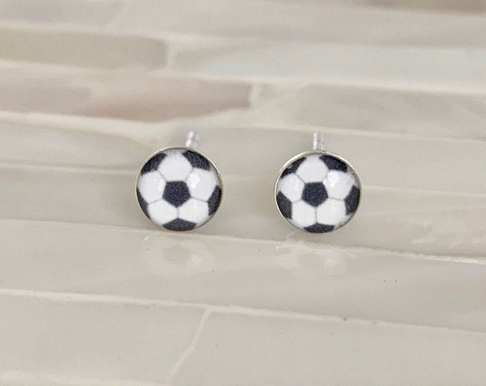 Soccer Ball Stud Earrings- Tiny soccer balls -Sterling Silver- Soccer Player- Soccer gift- Soccer Team Gift- Little Girl Jewelry