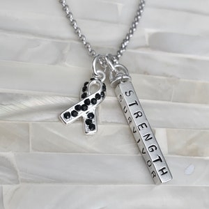 Melanoma Cancer Awareness Necklace- Personalized Charm- Black Awareness Ribbon- Melanoma Survivor Gift- Sterling Silver- Hand Stamped
