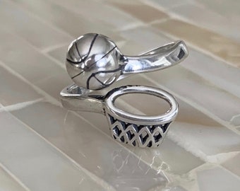 Sterling Silver Basketball Ring - Adjustable Sports Jewelry