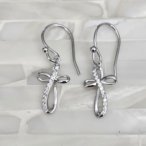 Cross Earrings- CZ Dangle Christian Earrings- Baptism Jewelry- Christening- Religious Jewelry - Sterling Silver- Faith Jewelry- Catholic