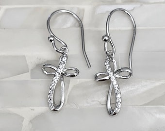 Cross Earrings- CZ Dangle Christian Earrings- Baptism Jewelry- Christening- Religious Jewelry - Sterling Silver- Faith Jewelry- Catholic