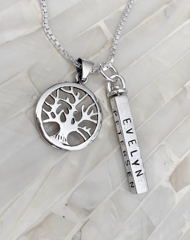 Family Name Bar Necklace Kids Name Necklace Personalized Tree of Life Sterling Silver Grandma Necklace Family Tree Mom Necklace