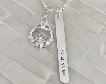 Irish Claddagh Name Bar Necklace- Irish Jewelry Gift- Gift for Girlfriend, Daughter- Celtic Necklace- Sterling Silver- Hand Stamped