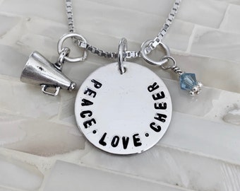 Cheerleader Name Hand Stamped necklace- Cheerleading jewelry- Cheer gift- Personalized necklace- Megaphone charm- Sterling silver- Christmas