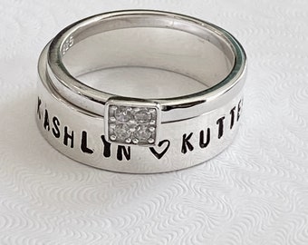 Family Personalized name Date Ring- Name Ring- Promise Ring- Anniversary Gift- CZ Ring- Christmas Gift- Hand Stamped- Sterling Silver