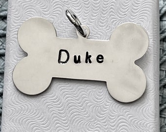 ID Pet Tag- Dog Tag- Sterling Silver- Hand Stamped Personalized- Dog Name Tag- Necklace Bone Charm- Pet Lover- Christmas Gift- Puppy Tag