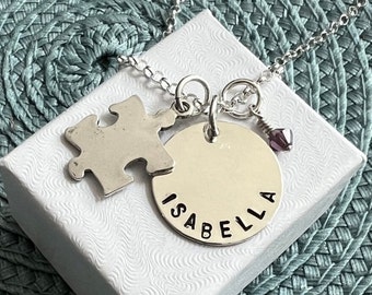 Autism Awareness Necklace- Personalized- Childs Name- Mother's Necklace- Autism Jewelry- Puzzle Piece-Sterling Silver- Teacher Gift