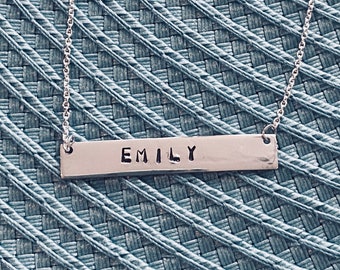 Personalize Nameplate Necklace- Horizontal Bar- Name Necklace- Date Necklace- Couples Initial Necklace- Sterling Silver- Hand Stamped