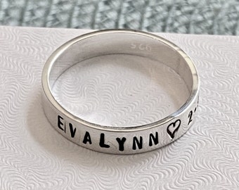 Personalized Ring- Name- Date- Ring- Stacking ring- Child's Name- Graduation- Christmas- Gift- Mother's Ring- Sterling Silver- Hand Stamped