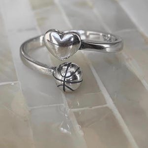 Sterling Silver Basketball Ring – Heart Accent, Adjustable Size