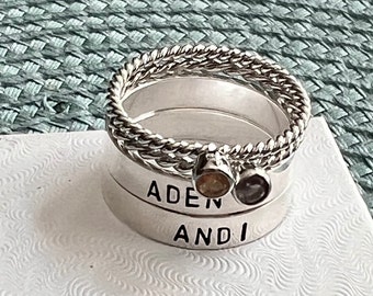 Birthstone Name Rings -Stackable Rings -Mom of Two - Personalized Name Date-Sterling Silver-Hand Stamped-Gift for her