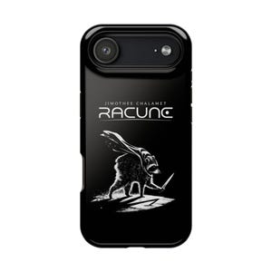 May include: A black smartphone case featuring a white graphic of a raccoon wearing a cape and holding a small knife. Above the raccoon, the text reads JIMOTHEE CHALAMET and RACUNC in a stylized white font. The case has a black camera lens cutout.