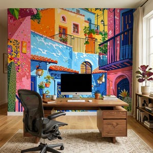 May include: A wooden desk with a computer monitor, keyboard, and mouse sits in front of a large wall mural depicting a colorful Mediterranean street scene with yellow, blue, and pink buildings, balconies, potted plants, and a tall cactus.