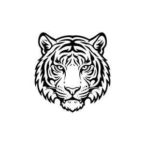 May include: A black and white graphic illustration of a tiger head facing forward. The design features bold, clean lines outlining the tiger's facial features, including its ears, eyes, nose, mouth, and the characteristic striped fur pattern.