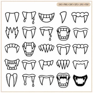 May include: A digital collection of twenty-five black and white line art illustrations featuring various vampire mouth and fang designs. The graphic set includes open mouths, dripping fangs, and jagged teeth patterns, presented in a grid format.