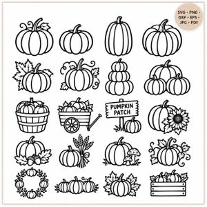 Op de afbeelding: Een verzameling van twintig zwart-wit lijntekeningen met diverse pompoenen, waaronder pompoenen met bladeren, een stapel pompoenen, een wagen, een bord met de tekst PUMPKIN PATCH, een zonnebloem, paddenstoelen, tarwe en een krans.