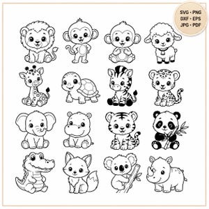 May include: A collection of sixteen black and white line art illustrations featuring cartoon animals including a lion, monkey, sheep, giraffe, turtle, zebra, leopard, elephant, hippo, tiger, panda, crocodile, fox, koala, and rhino. Text reads SVG PNG DXF EPS JPG PDF.