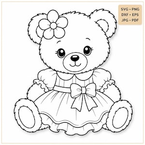 Könnte beinhalten: Eine schwarz-weiße Strichzeichnung eines Teddybären, der ein Kleid mit einer Schleife in der Taille und einer Blume auf dem Kopf trägt. Das Bild enthält Text in der oberen rechten Ecke, der SVG, PNG, DXF, EPS, JPG und PDF lautet.