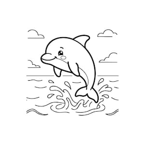 Kawaii dolfijn SVG, kleurplaat van een oceaandier, minimalistische vectorclipart (digitale download)