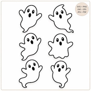 Op de afbeelding: Een digitale grafische set met zes witte spookillustraties met zwarte omlijningen en gelaatstrekken. Elk spook heeft een unieke pose met opgeheven armen en een ovale mond. Een cirkelvormige badge in de rechterbovenhoek toont de tekst SVG, PNG, DXF, EPS, JPG, PDF.