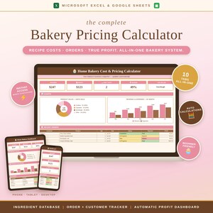 Puede incluir: Una calculadora digital de precios de panadería para Microsoft Excel y Google Sheets mostrada en una computadora portátil, tableta y teléfono inteligente. La interfaz incluye un panel con gráficos de seguimiento de ingresos, ganancias y pedidos.