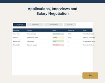 New Grad Job Search Dashboard | Premium Excel and Google Sheets Tracker with Interview Prep, Contacts and Salary Negotiation