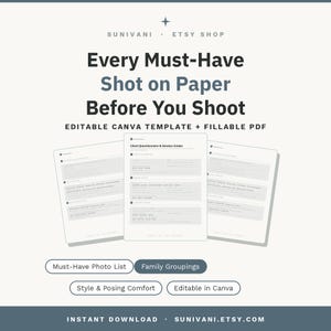 Può includere: Un set di documenti digitali intitolato Every Must-Have Shot on Paper Before You Shoot, che include un modello Canva modificabile e un PDF compilabile. Contiene sezioni per questionari ai clienti, sessioni di scatto e guide alle pose.