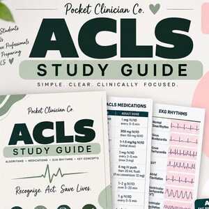 May include: A 14-page ACLS study guide by Pocket Clinician Co. featuring algorithms, medications, and EKG rhythms. The set includes a main guide, supplemental pages, and two bonus pocket cards, all displayed with a stethoscope nearby.