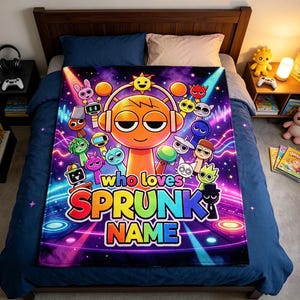 May include: A rectangular fleece blanket featuring a vibrant, colourful graphic print of various cartoon characters, including a central orange character wearing headphones, with the text "who loves SPRUNK NAME" in bold, multi-coloured lettering.