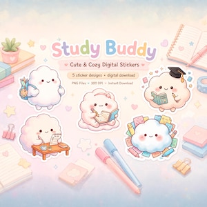 Study Buddy Digital Stickers | 5 Kawaii Cloud Planner PNGs | Instant Download