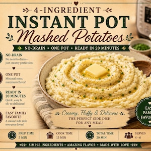 Puede incluir: Una tarjeta de receta para puré de patatas en Instant Pot de 4 ingredientes con un bol de puré cremoso cubierto con mantequilla y hierbas. El texto incluye tiempo de preparación de 5 min, cocción 15 min y tiempo total de 20 minutos.