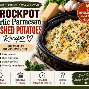 May include: A recipe card for Crockpot Garlic Parmesan Mashed Potatoes featuring a black bowl of mashed potatoes topped with parsley and cheese, text including "A Thanksgiving Must-Have!", prep time 15 minutes, cook time 4 hours, and serves 8-10.